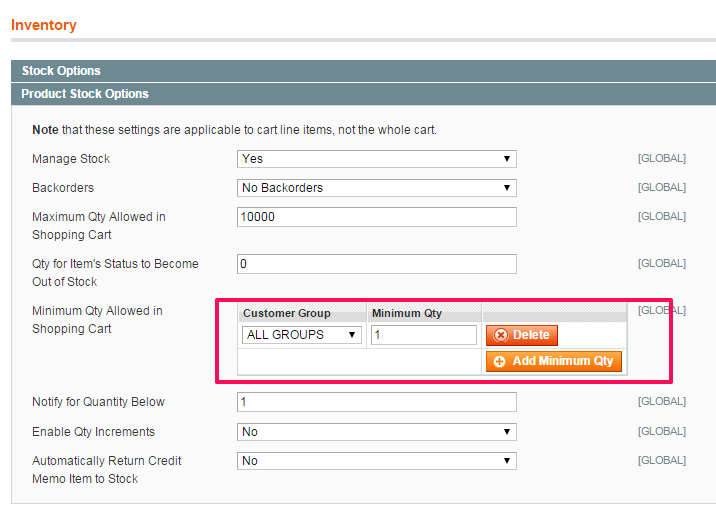 Magento 1 Admin Configuration Minimum Quantity