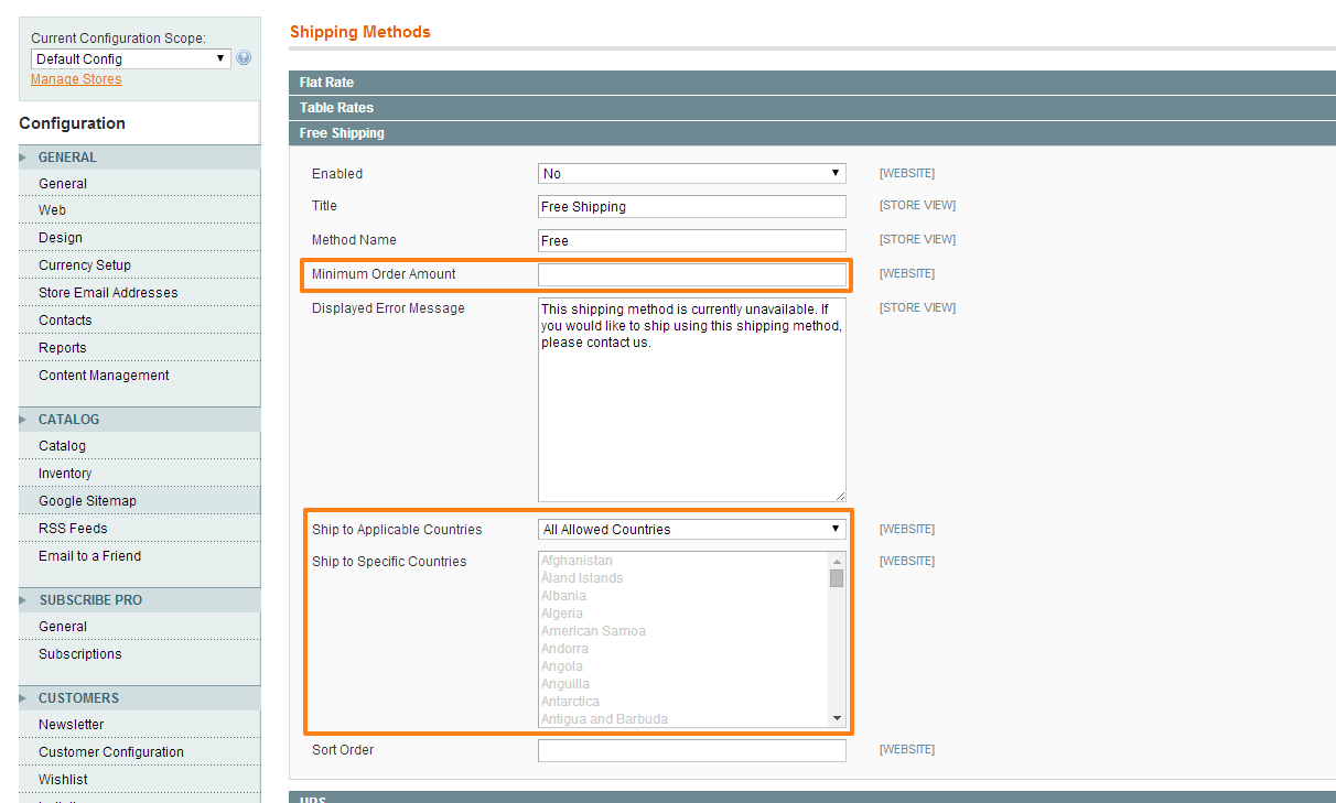 Magento 1 Free Shipping Minimum and Allowed Countries