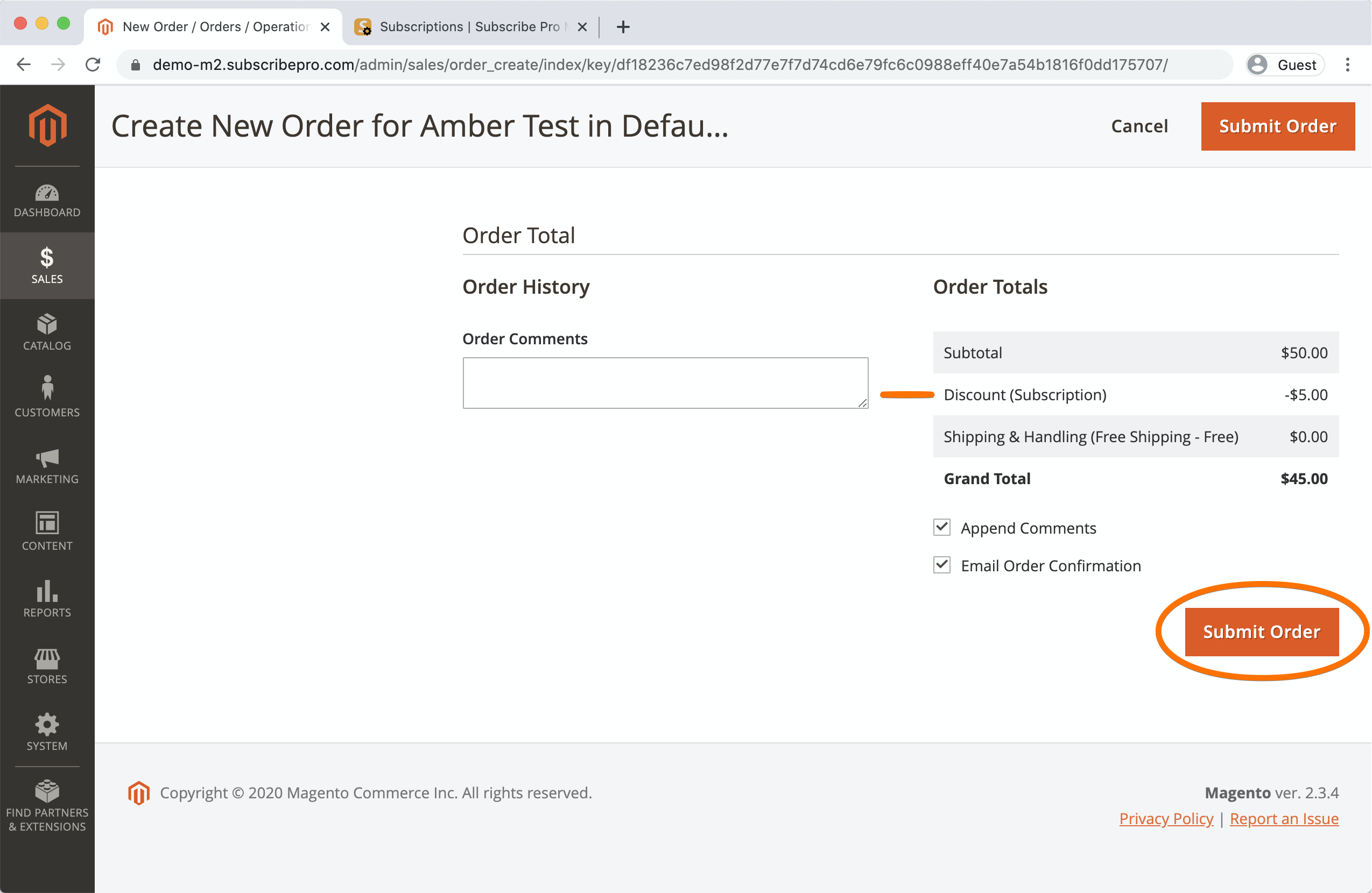 Magento 2 submitting subscription order