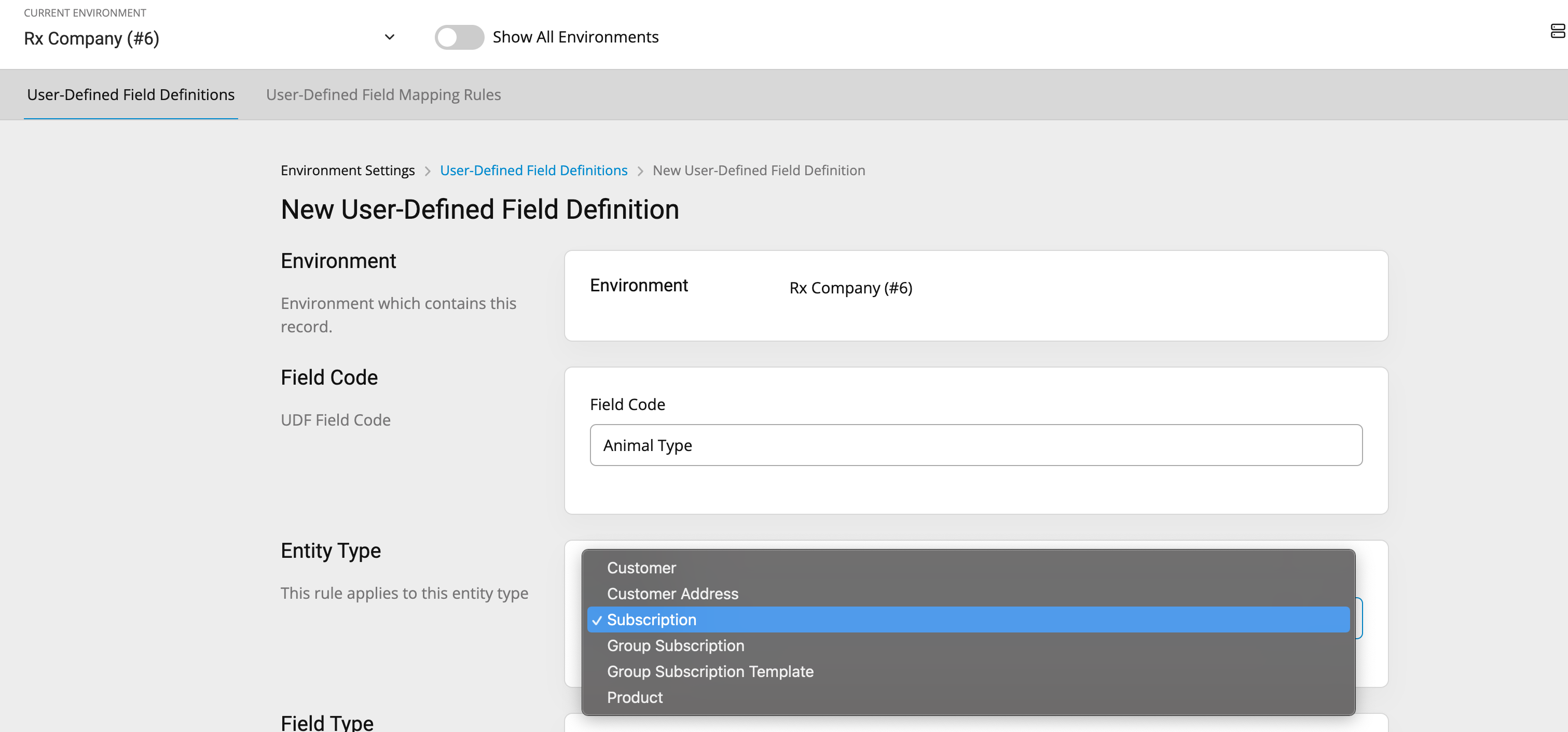 UDF Definition with Field Code and Entity Type