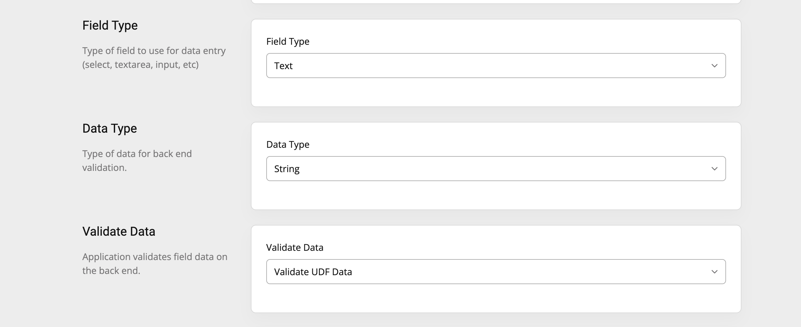 UDF Definition with Field Type, Data Type, Validate Data