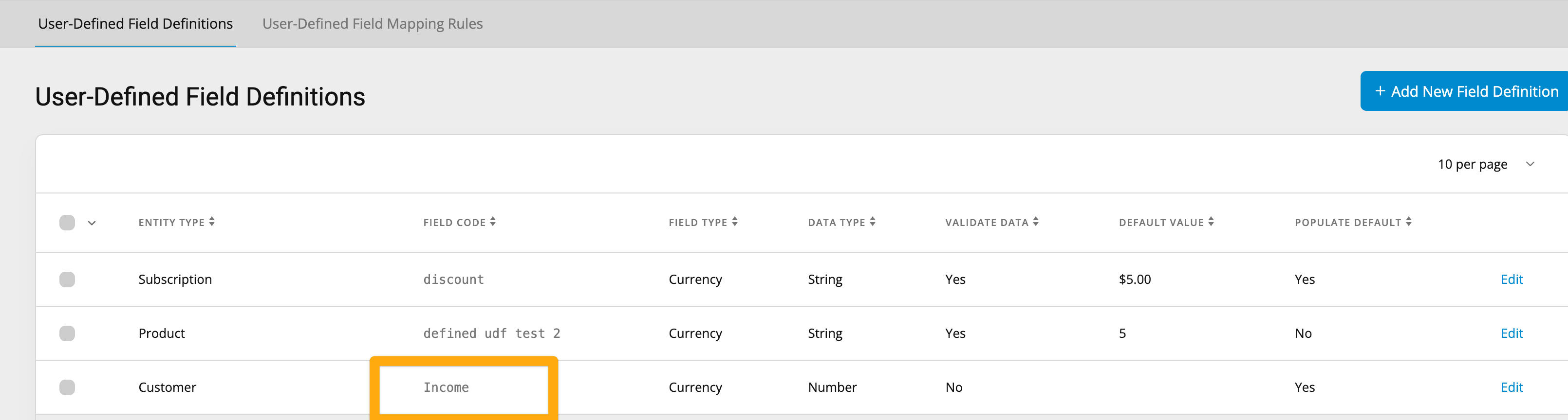 UDF Definition List Highlight Field Code