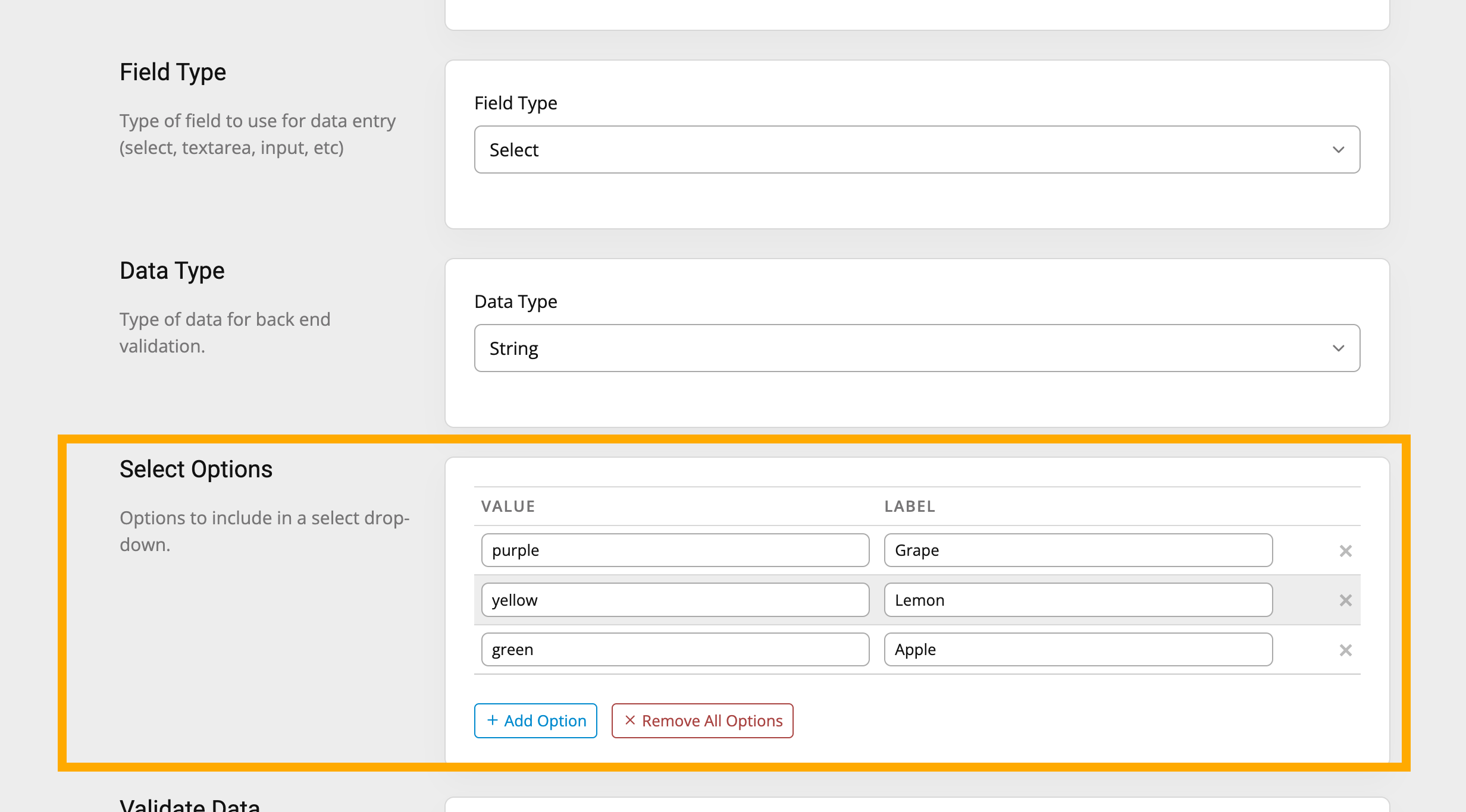 UDF Definition Select Options