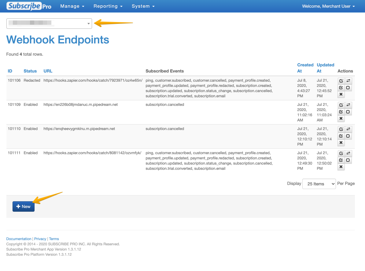 Subscribe Pro WebHook Endpoints page with arrows pointing to the environment selector and the blue New button.