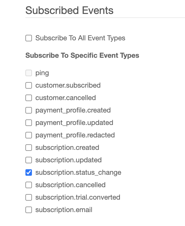 The Subscribed Events that can be customized in Subscribe Pro when editing or creating a webhook endpoint.